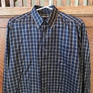 Kirkland Signature Non-Iron Brown and Blue Checkered Shirt sz M